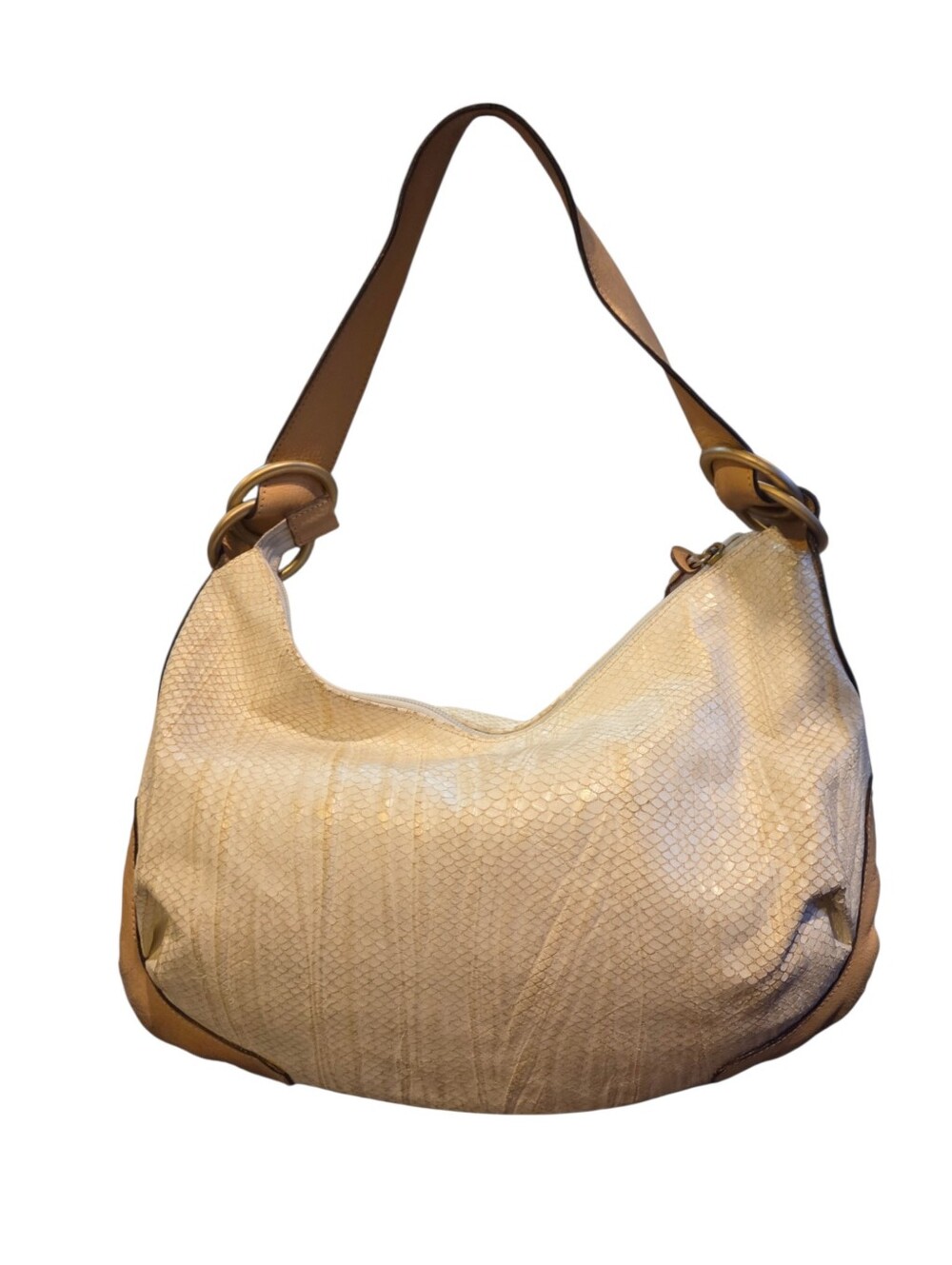 Barbara Milano Vintage Tan Handles/Trim Cream Snakeskin Embossed Handbag Italy